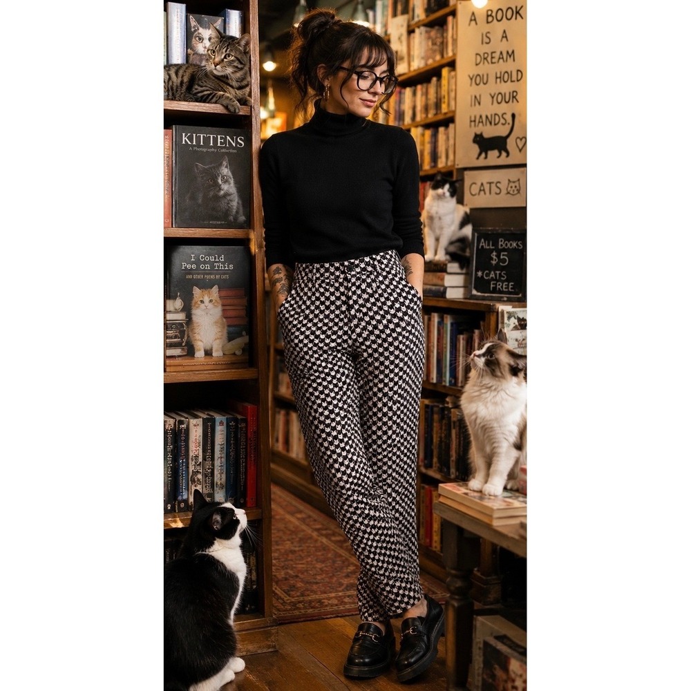 Crazy Cat Lady Pants Women Large Black White Tapata Whimsical Trousers 32"